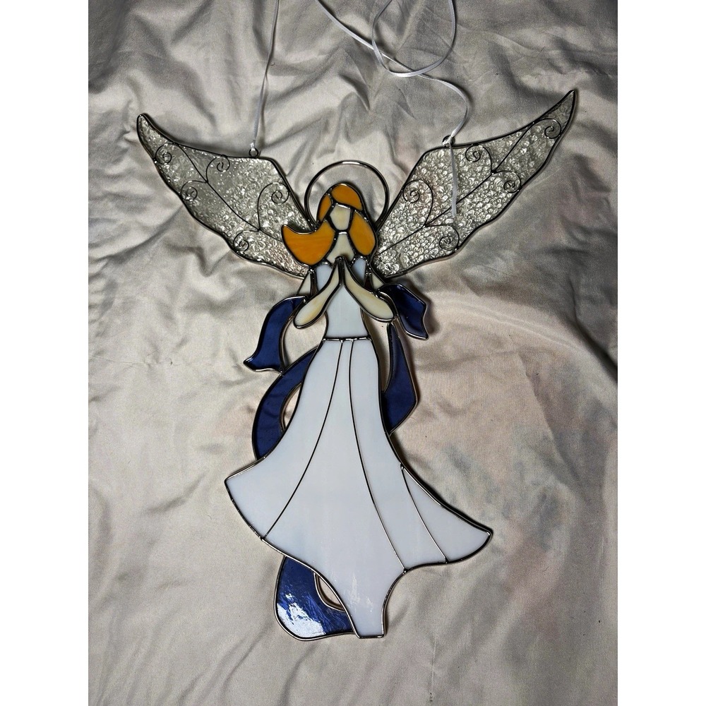 Stained Glass Angel Suncatcher Window Hanging Ready to Hang 14 in White Blue
